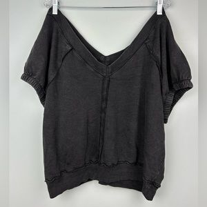 PILCRO Anthropologie Charcoal Distressed Wash Oversized V-Neck Sweatshirt Top XL